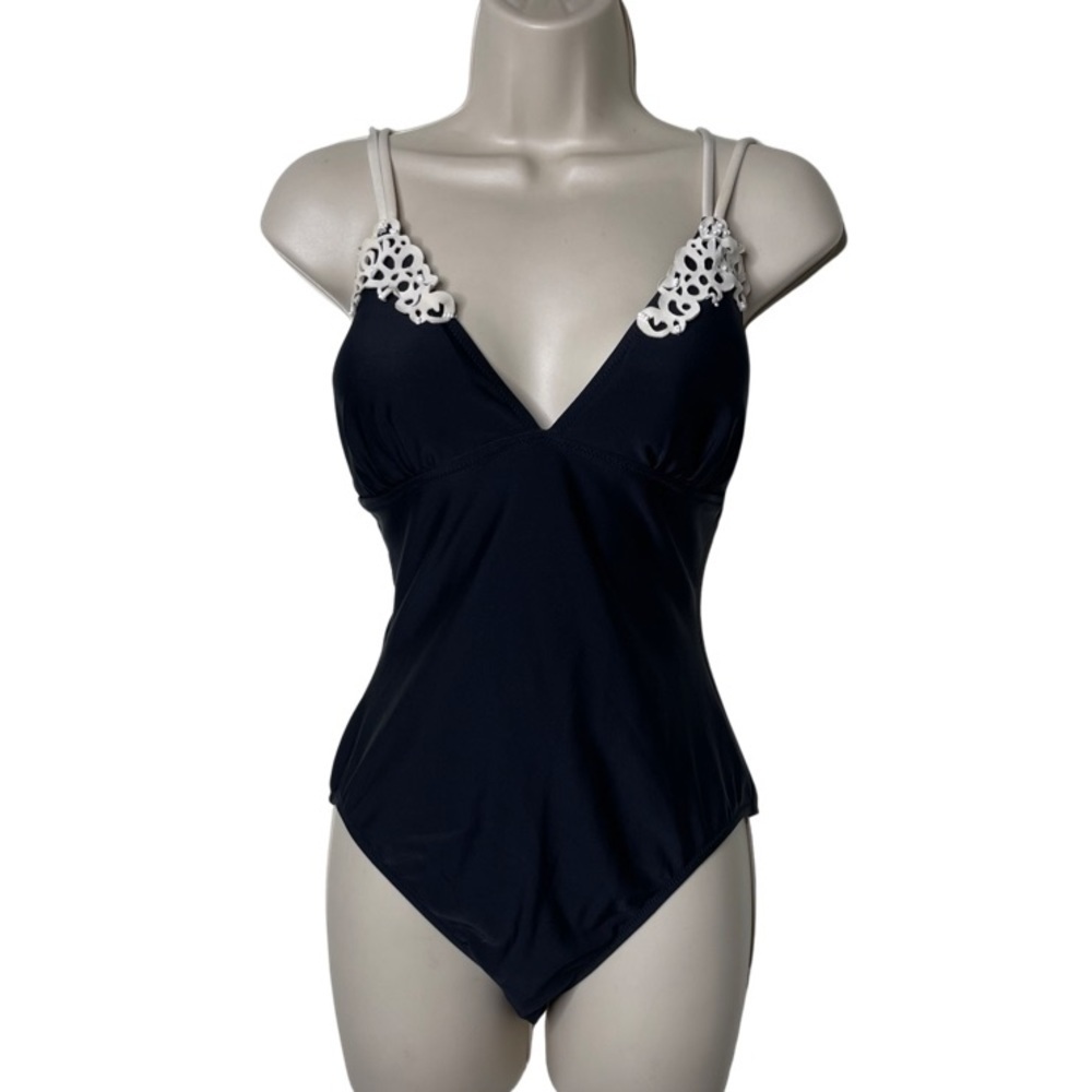 Profile by Gottex black vintage one piece swimsuit with white details sz 10